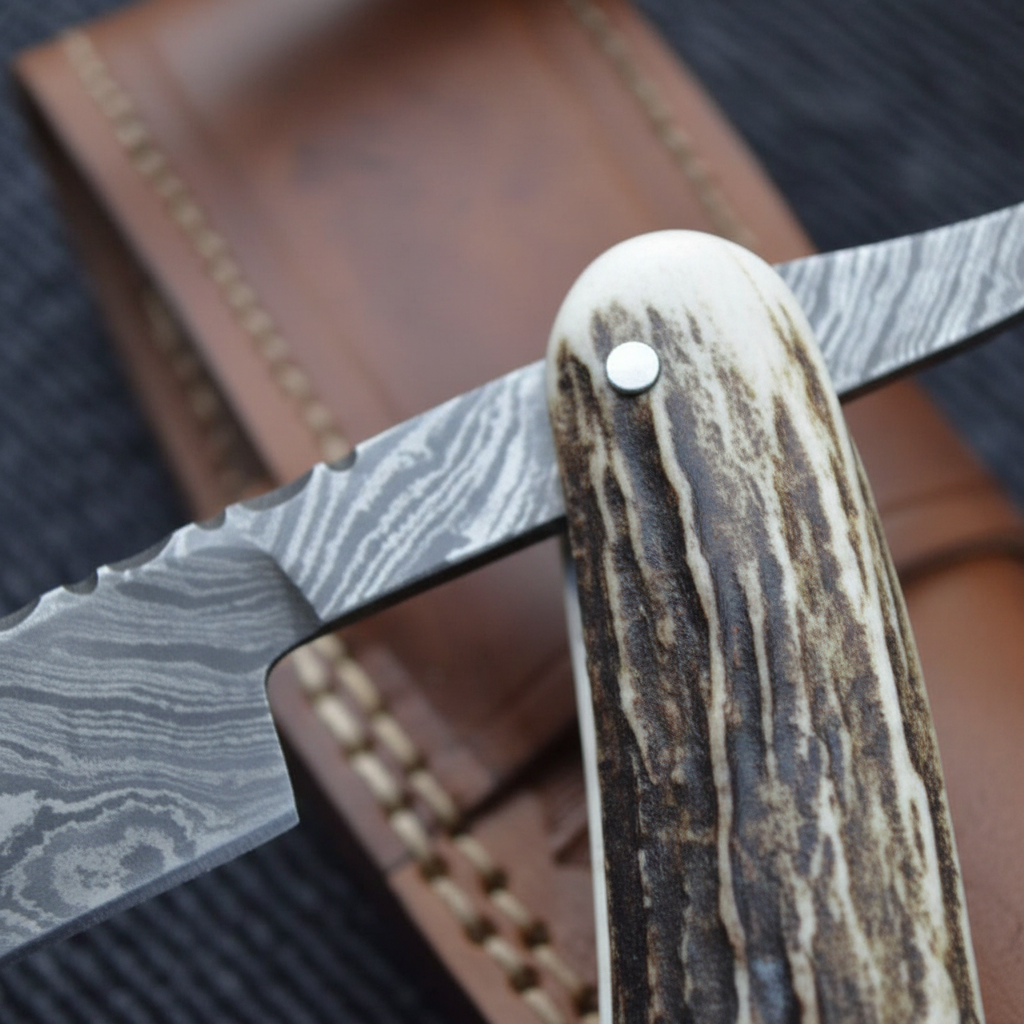 Close-up macro of natural stag antler handle and steel bolster on Damascus straight razor