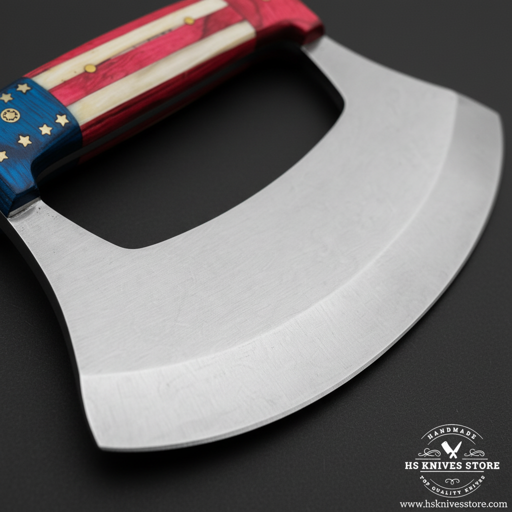 Macro close-up of D2 steel ulu knife wide semi-circular blade showing bright mirror polish flat spine top and curved cutting edge