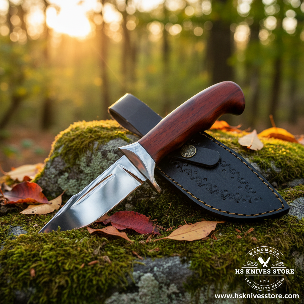 J2 steel skinner hunting knife with rosewood handle and black leather sheath on mossy rocks in forest setting