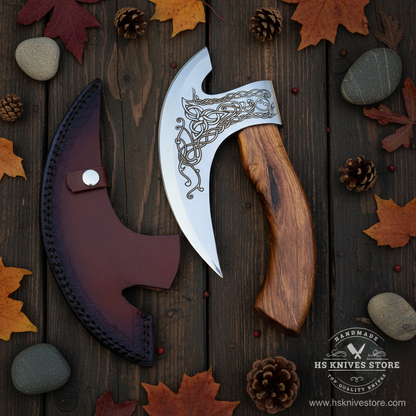 Viking pizza axe Celtic etched blade walnut handle flat lay rustic dark wood surface with autumn leaves and pine cones