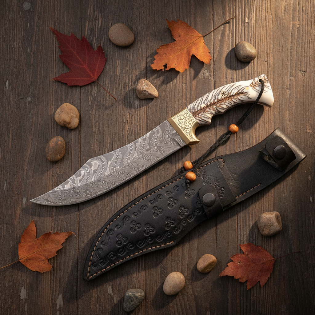 Handmade Damascus Bowie knife flat lay on rustic wood with black leather sheath and wooden bead cord