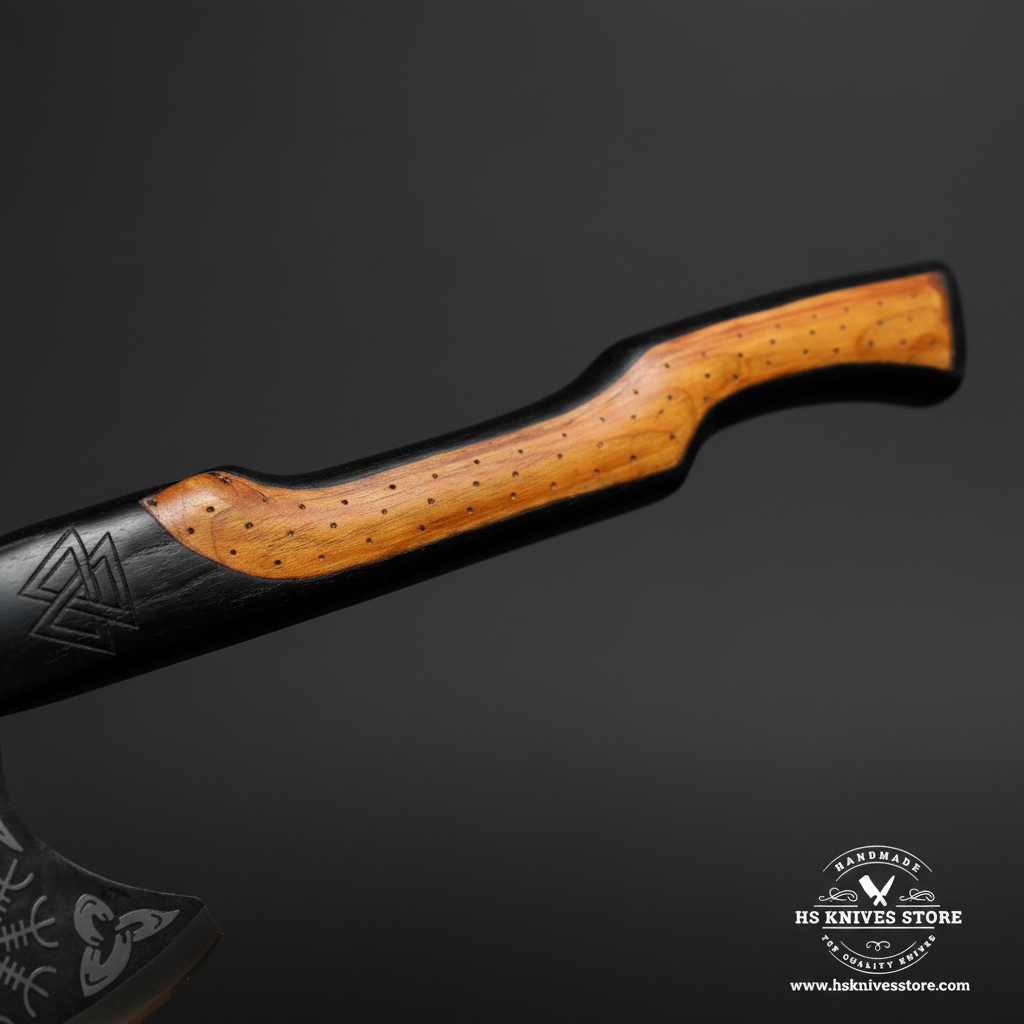 Macro view of natural ash wood handle with honey brown color and black painted neck on Viking Norse tomahawk axe
