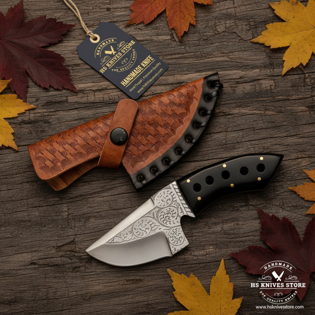 J2 steel skinner knife flat lay with black resin handle and HS Knives Store hang tag on rustic wood with autumn leaves
