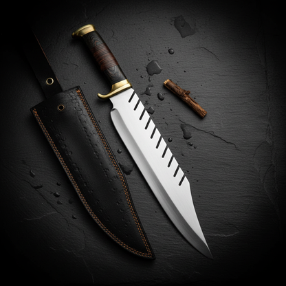 D2 steel Bowie knife with black leather sheath flat lay on dark slate surface