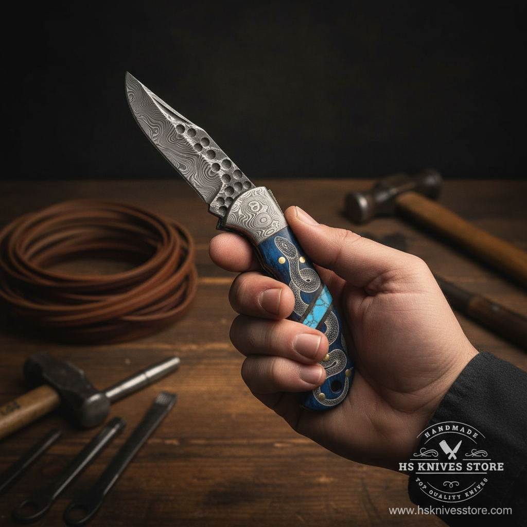 Hand holding open Damascus steel folding pocket knife with blue wood snake engraved handle in confident grip workshop background