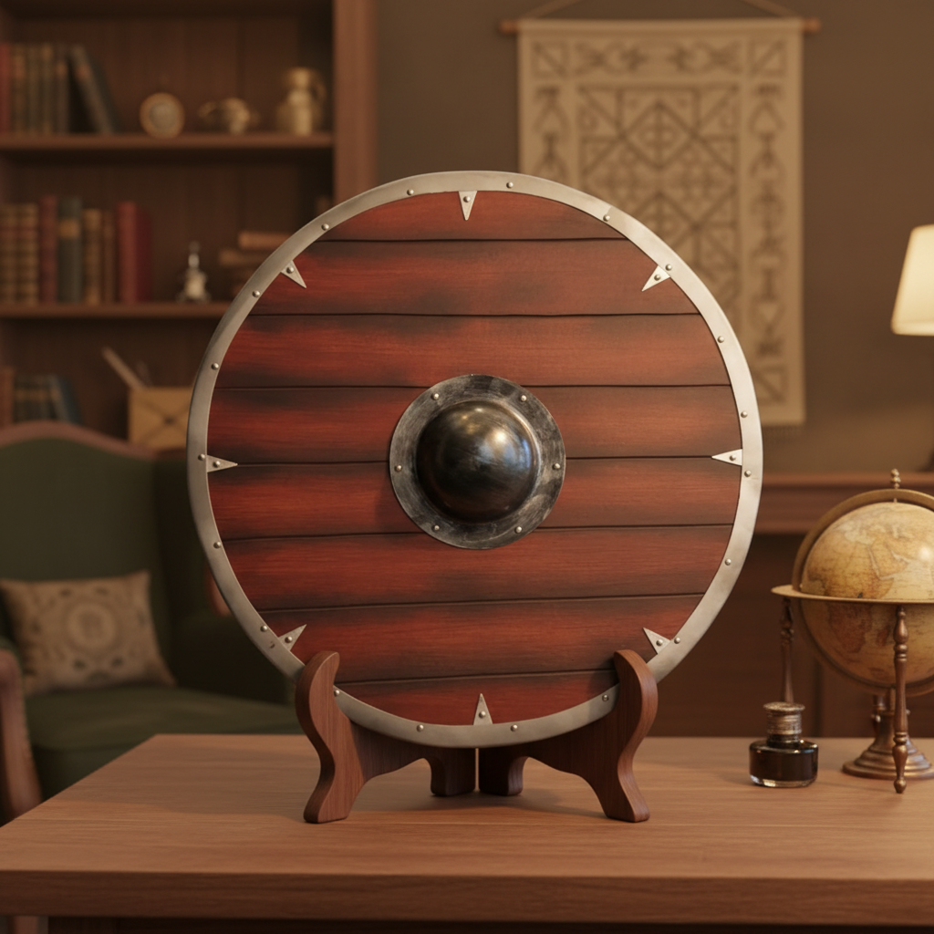 Handmade dark wood Viking round shield displayed on a stand in a warm collector room