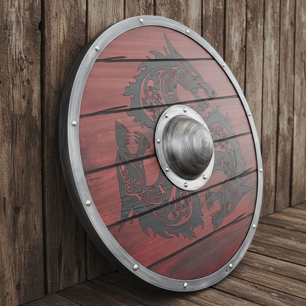 Angled red wooden Viking shield showing plank thickness, silver rim, rivets, and raised center boss