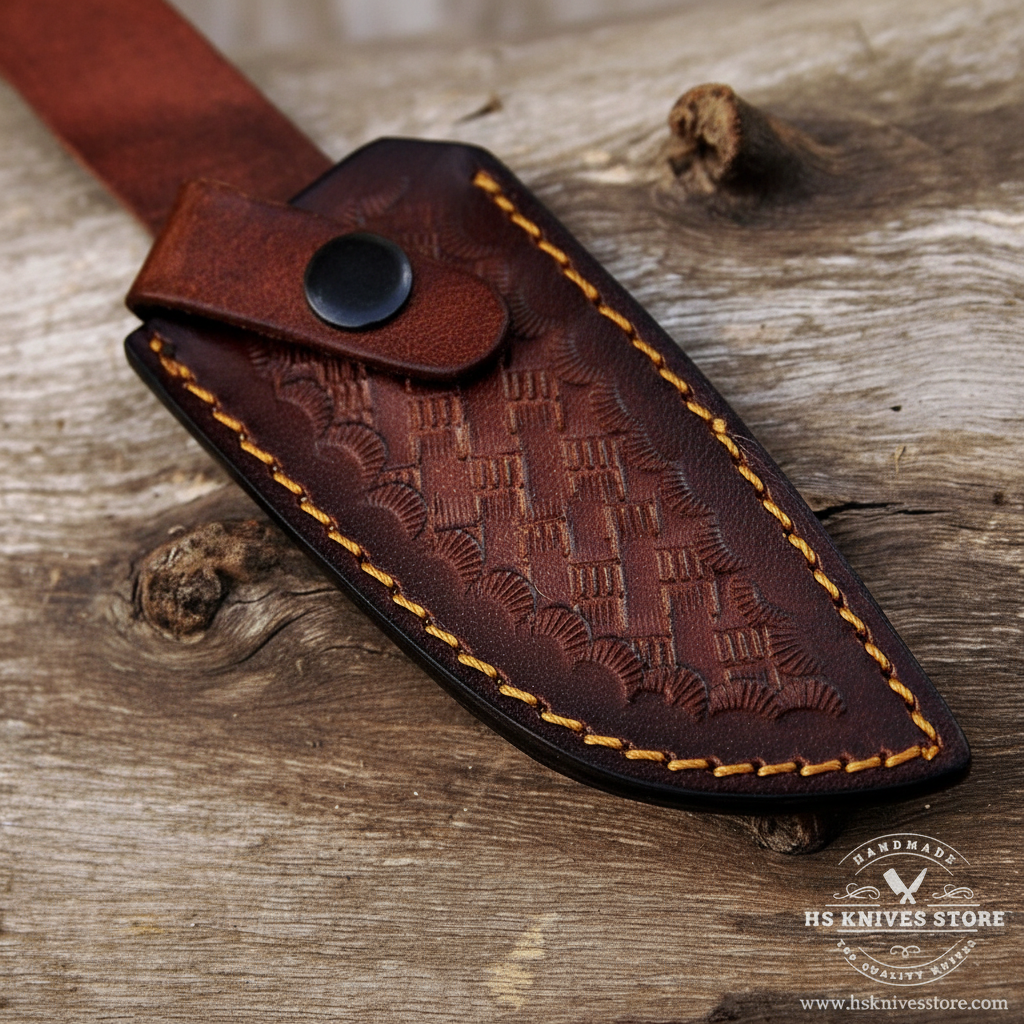Close-up macro of dark burgundy brown leather basket weave sheath with embossed tooling pattern and gold yellow stitching and belt loop