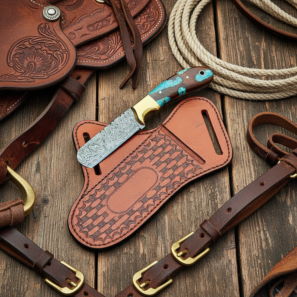 Damascus bull cutter with wood resin handle and leather sheath beside western ranch gear