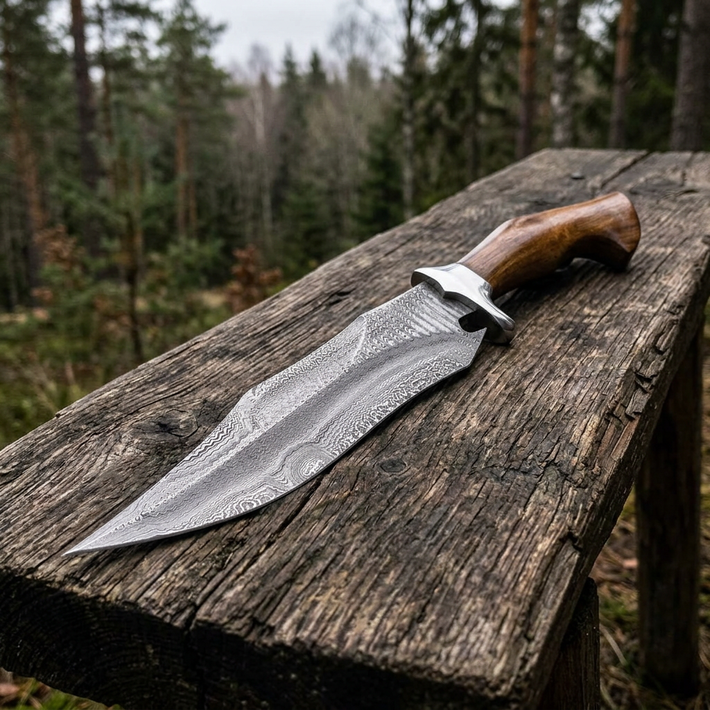 Ladder Damascus Bowie with polished rosewood handle on an outdoor cabin bench
