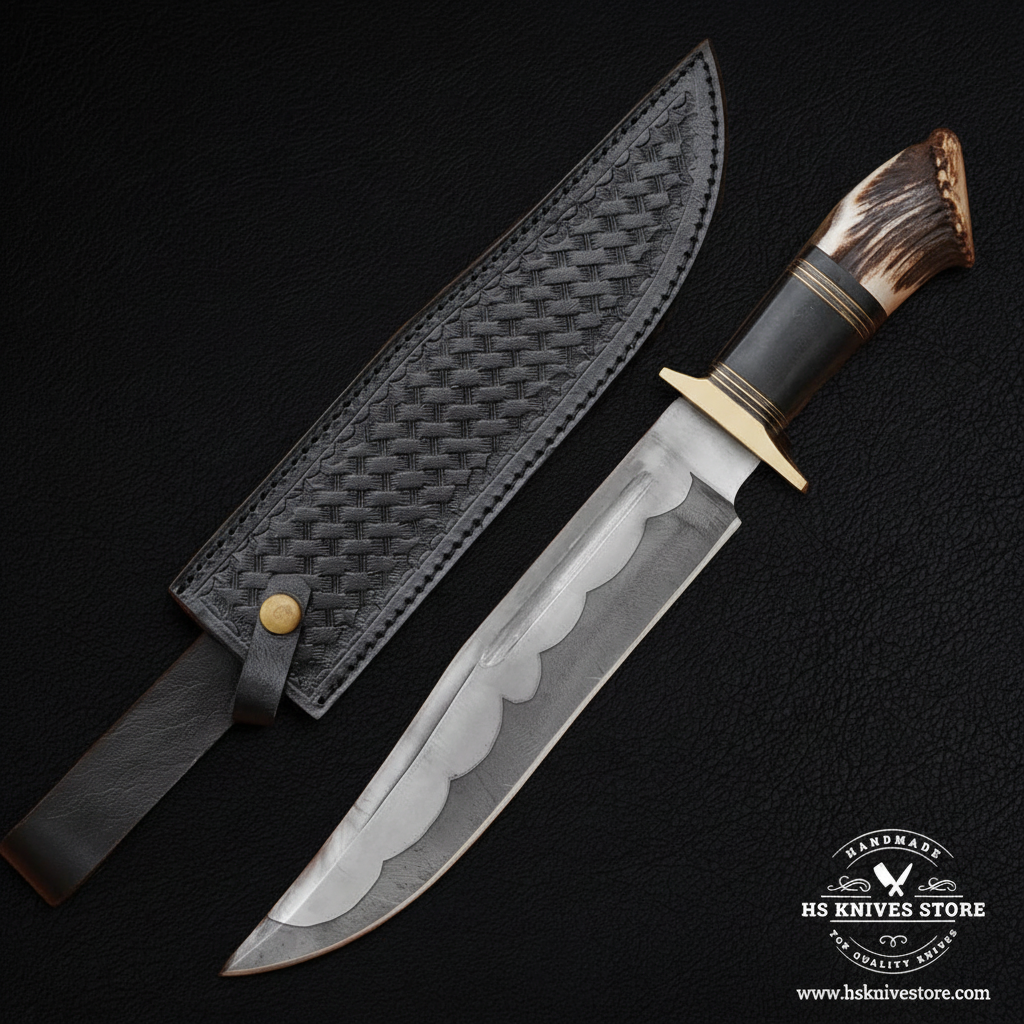 Hand forged Bowie knife with elk antler handle and black basket weave leather sheath mirror view on dark charcoal background