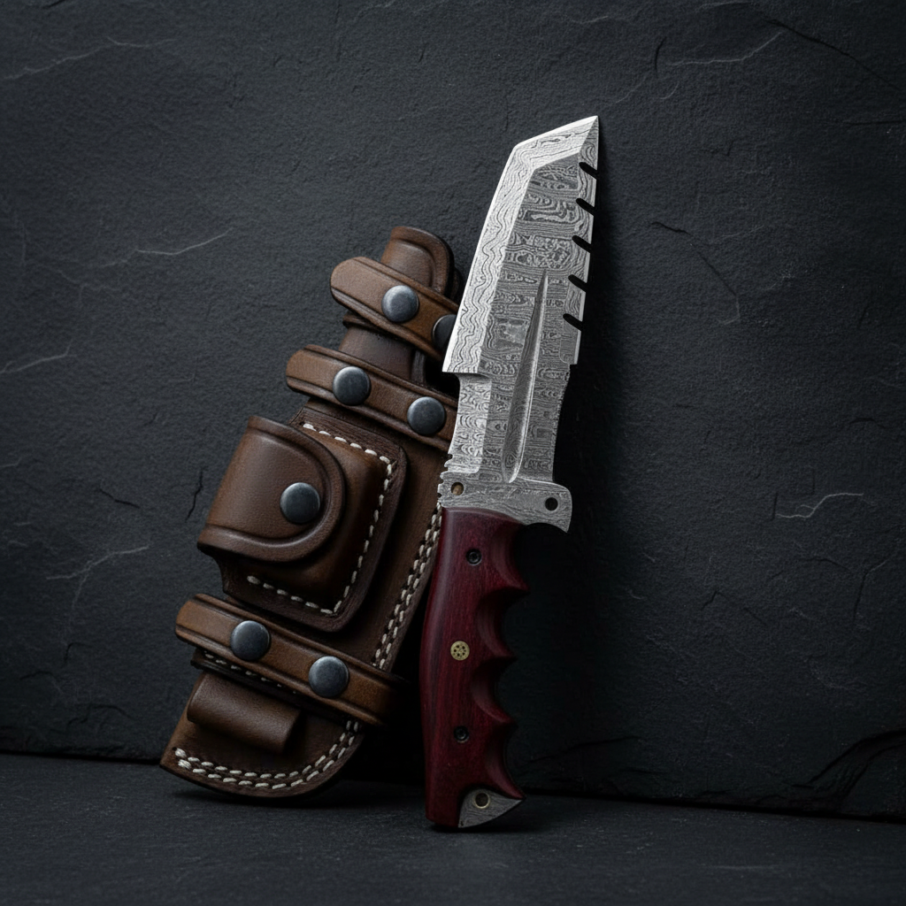 Vertical luxury shot of handmade Damascus tracker knife on dark slate background blade pointing up