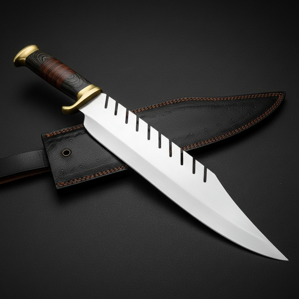 D2 steel Bowie knife with dark hardwood leather wrap handle and brass guard on dark charcoal gray studio background right facing