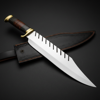 D2 steel Bowie knife with dark hardwood leather wrap handle and brass guard on dark charcoal gray studio background right facing