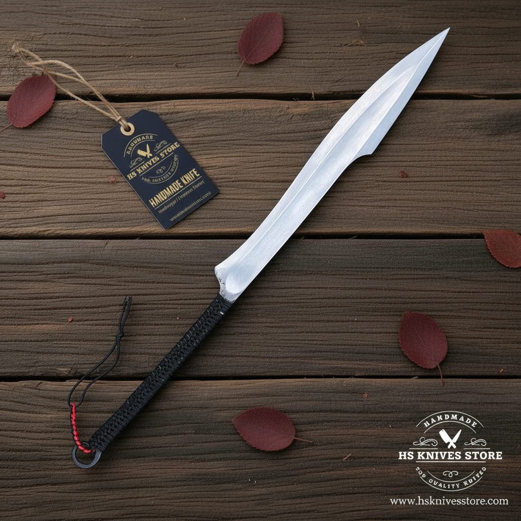 Single Naginata style sword with black paracord handle and exact HS Knives Store hang tag on rustic wood
