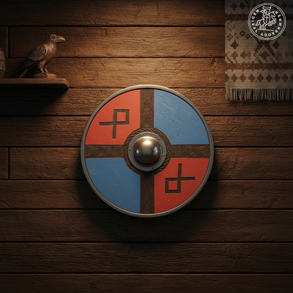 Exact red and blue round Viking shield with carved Nordic bands mounted as wall display