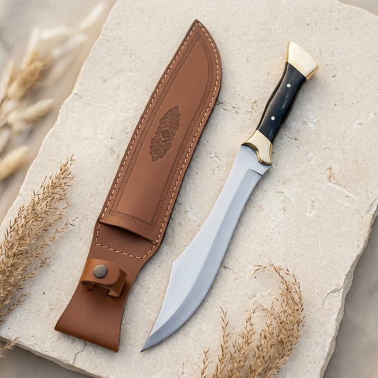 Front view of handmade D2 Bowie knife with buffalo horn handle and separate brown sheath