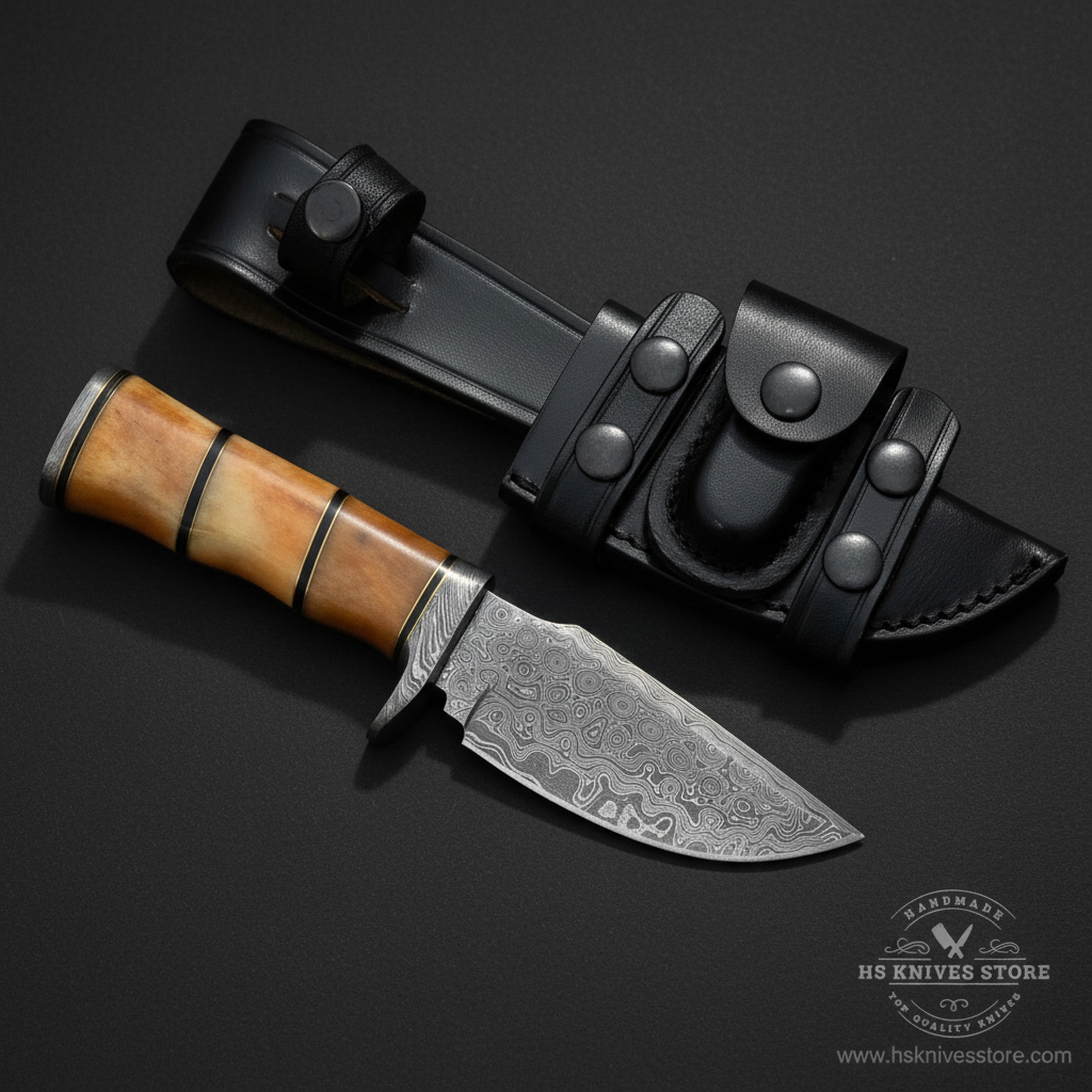 Damascus steel skinner knife camel bone handle black spacer rings finger choil black leather sheath dark charcoal studio background