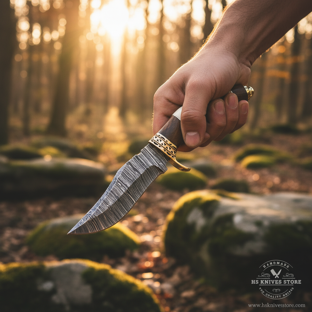Hunter hand gripping stag handle Damascus steel hunting knife in confident outdoor pose forest golden sunlight
