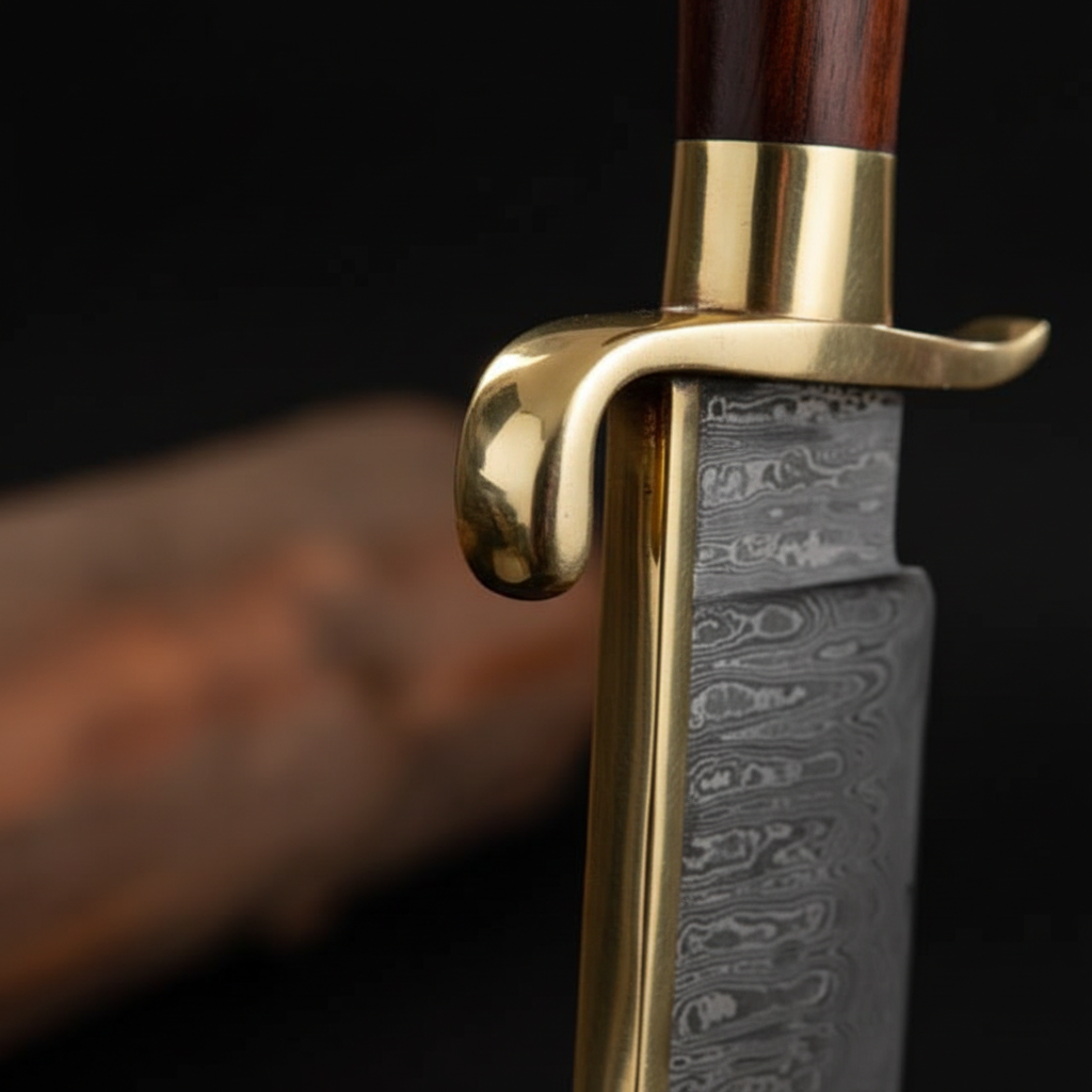 Extreme macro close-up of rosewood handle with brass guard and finger hook on Damascus steel Bowie knife rich dark red-brown wood grain