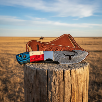 Damascus skinner knife with American flag handle resting on ranch fence post with open grassland background