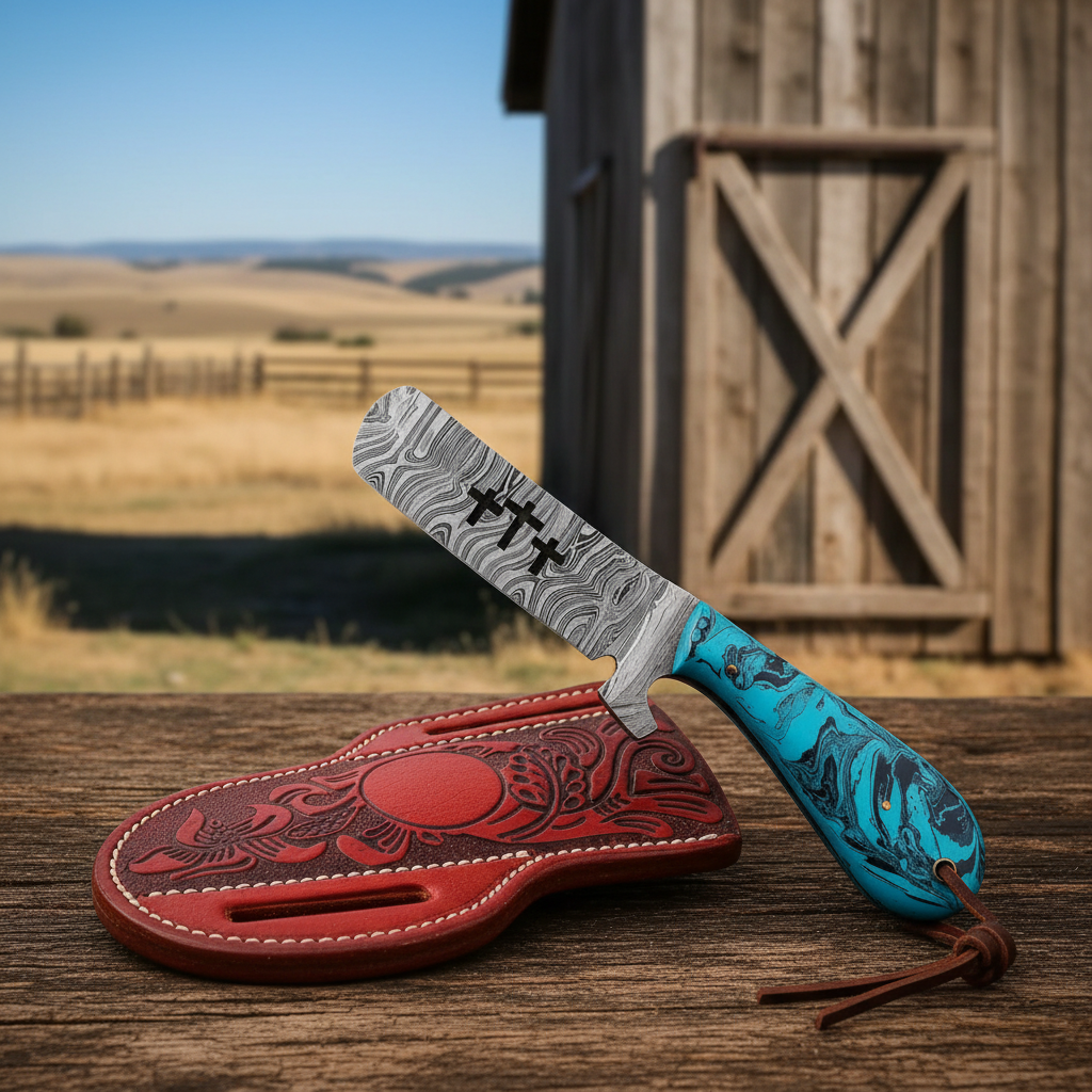 Left-side view of a full tang Damascus Bull Cutter Knife near a western barn