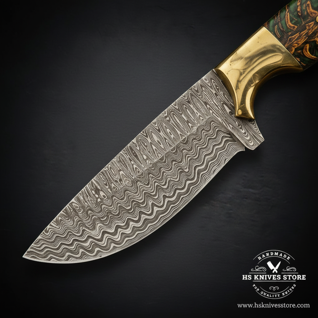 Close-up of the wave pattern on a green pinecone Damascus Skinner Knife blade