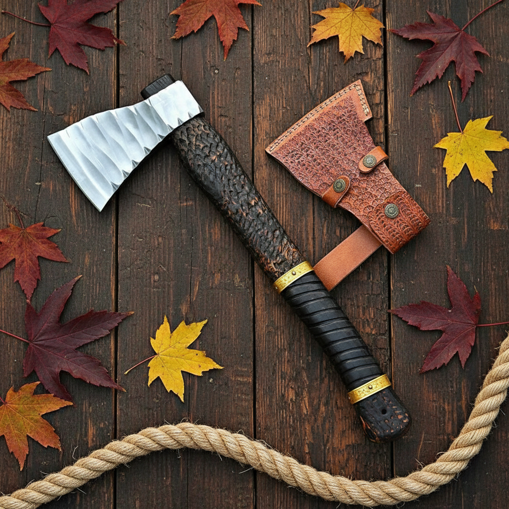 Viking axe flat lay on rustic dark wood with autumn leaves and rope overhead view