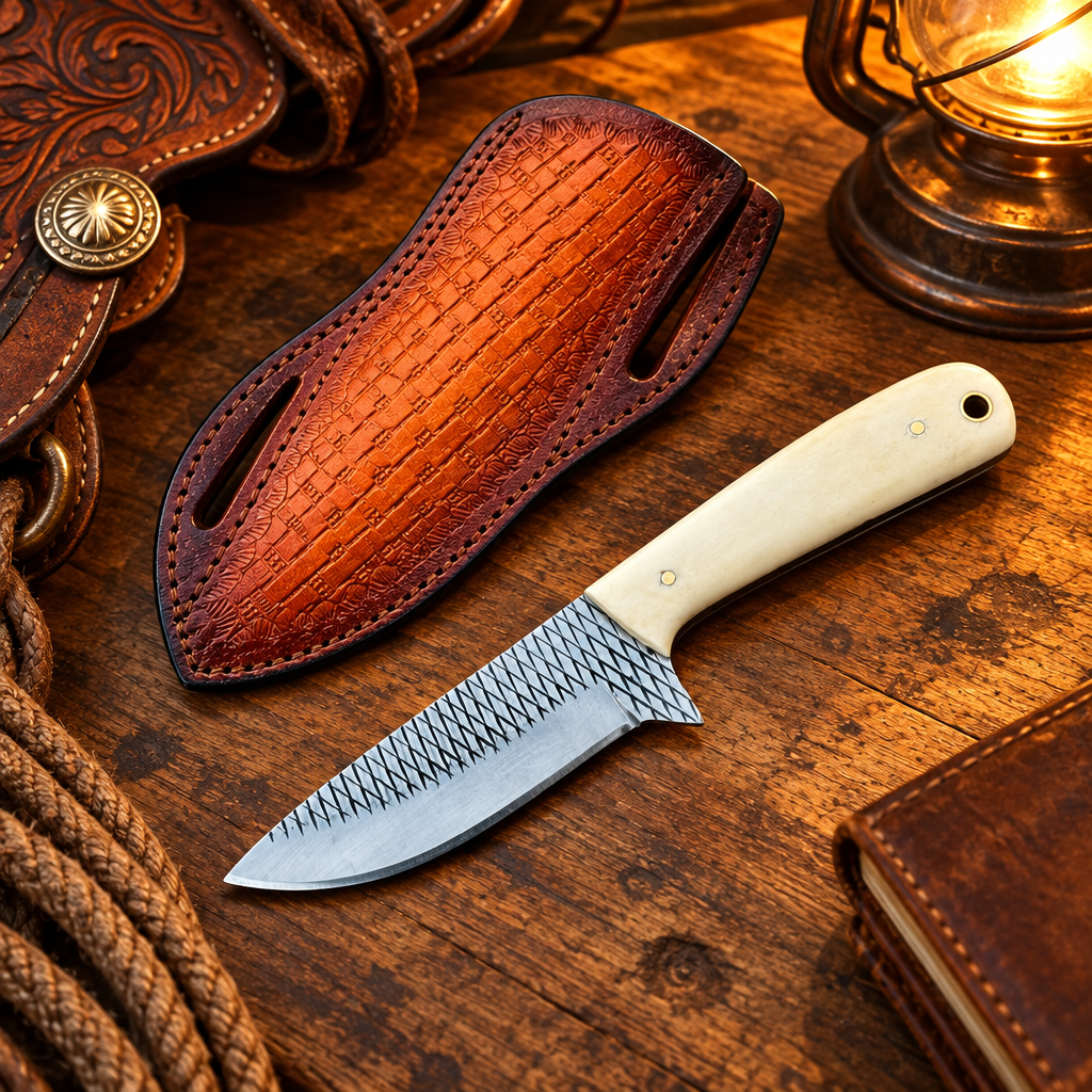Cowboy Bush Knife with Rasp Steel blade and deer bone handle displayed with its leather sheath in a western ranch setting
