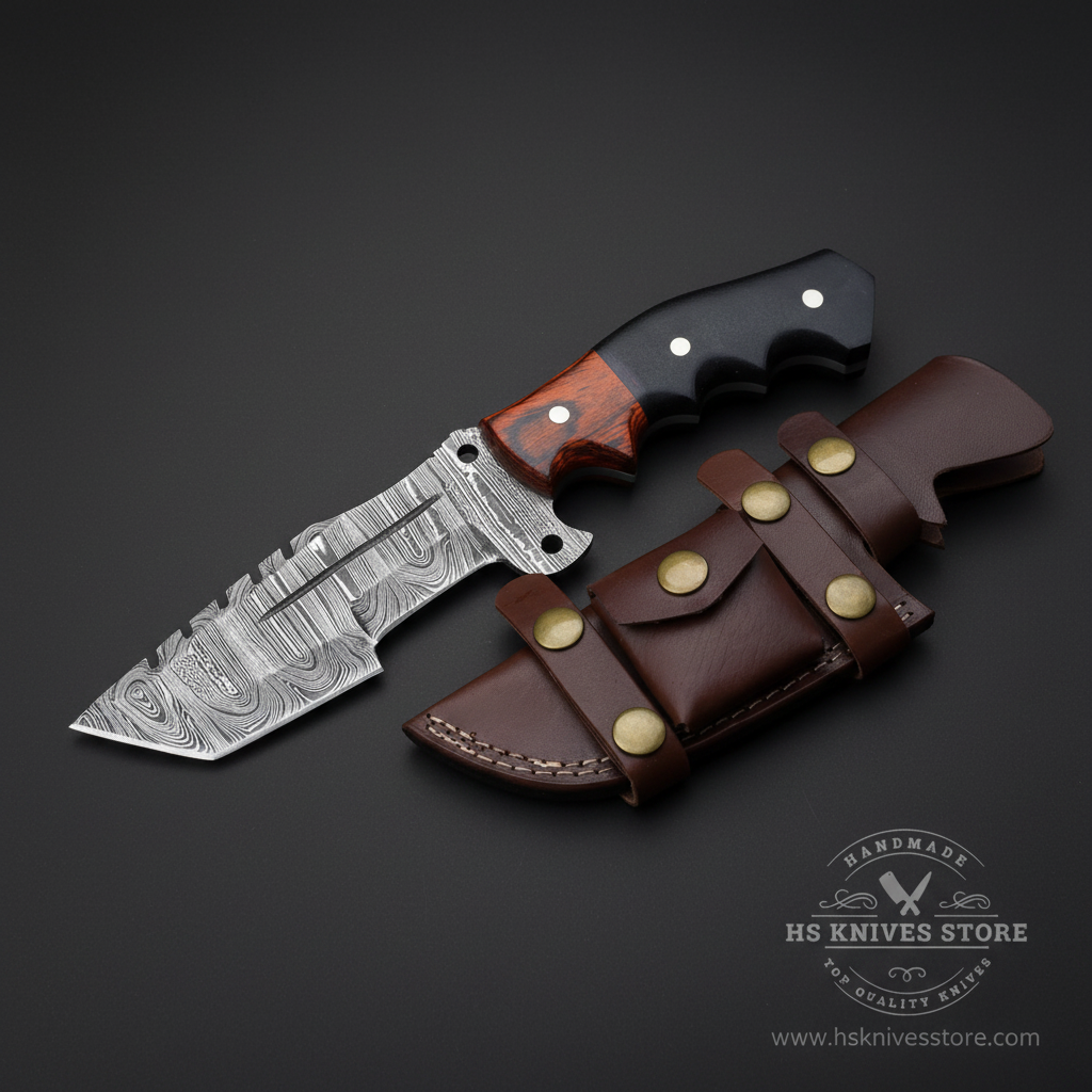 Damascus steel tracker knife two-tone micarta handle dark chocolate brown leather sheath brass conchos dark charcoal studio mirror direction