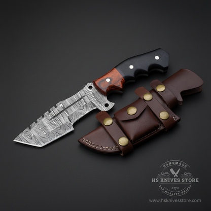 Damascus steel tracker knife two-tone micarta handle dark chocolate brown leather sheath brass conchos dark charcoal studio mirror direction