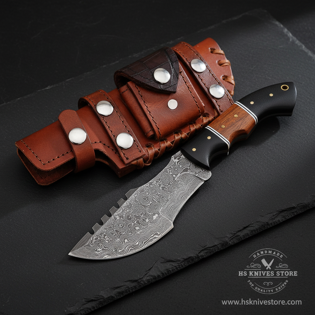 Vertical luxury shot of Damascus tracker knife two-tone micarta rosewood handle on dark slate background with rust leather multi-pocket sheath