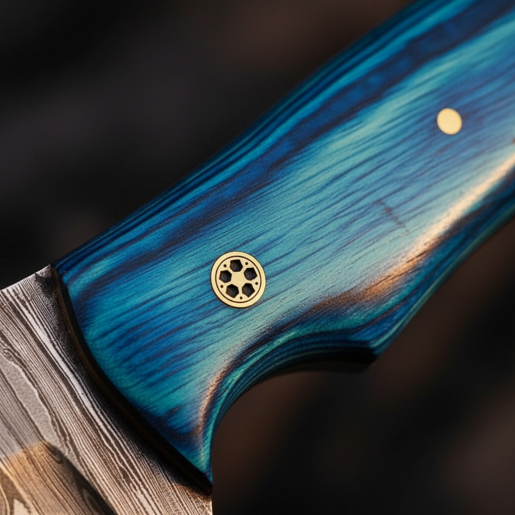 Extreme macro close-up of vibrant blue pakkawood handle with brass pins on Damascus steel skinner knife rich blue wood grain texture