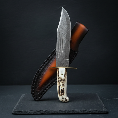 Handmade Damascus Bowie knife stag antler handle vertical slate background luxury shot