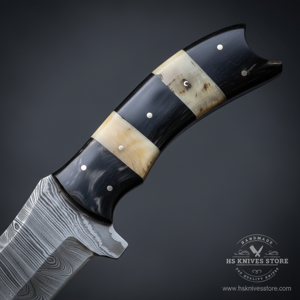 Close-up macro of two-tone handle with dark black buffalo horn bottom and natural cream camel bone top and two silver rivets and Damascus guard