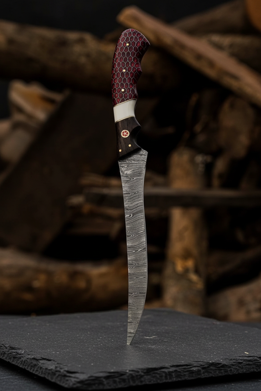 Handmade Damascus steel fillet knife with red honeycomb handle vertical display on dark slate stone blade pointing up luxury collector photography
