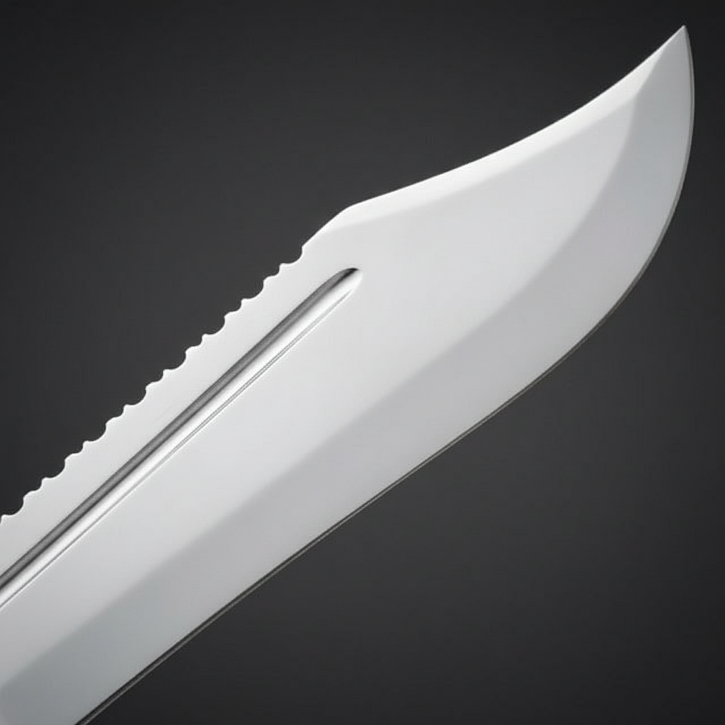 Mirror polished high carbon steel blade close-up showing clip point, blood groove and serrated spine section