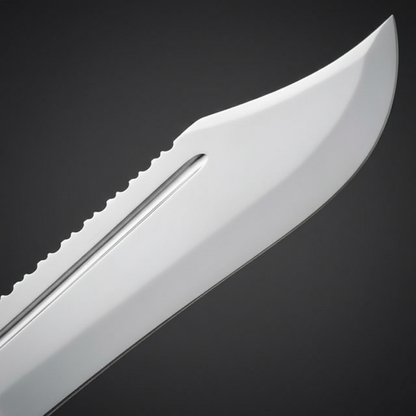 Mirror polished high carbon steel blade close-up showing clip point, blood groove and serrated spine section