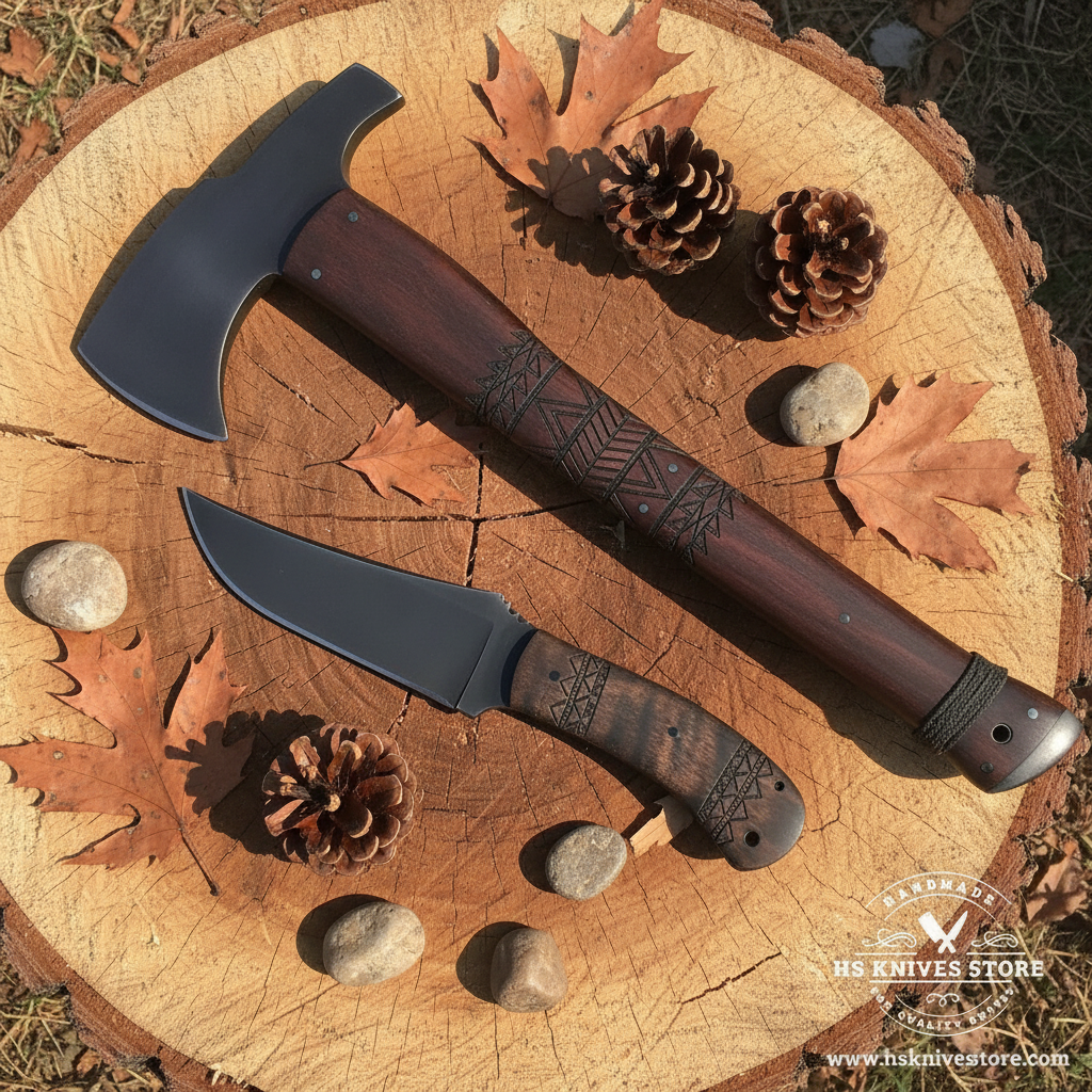 Carbon steel Viking axe and knife gift set flat lay on chopped wood log cross section with pine cones and dried leaves