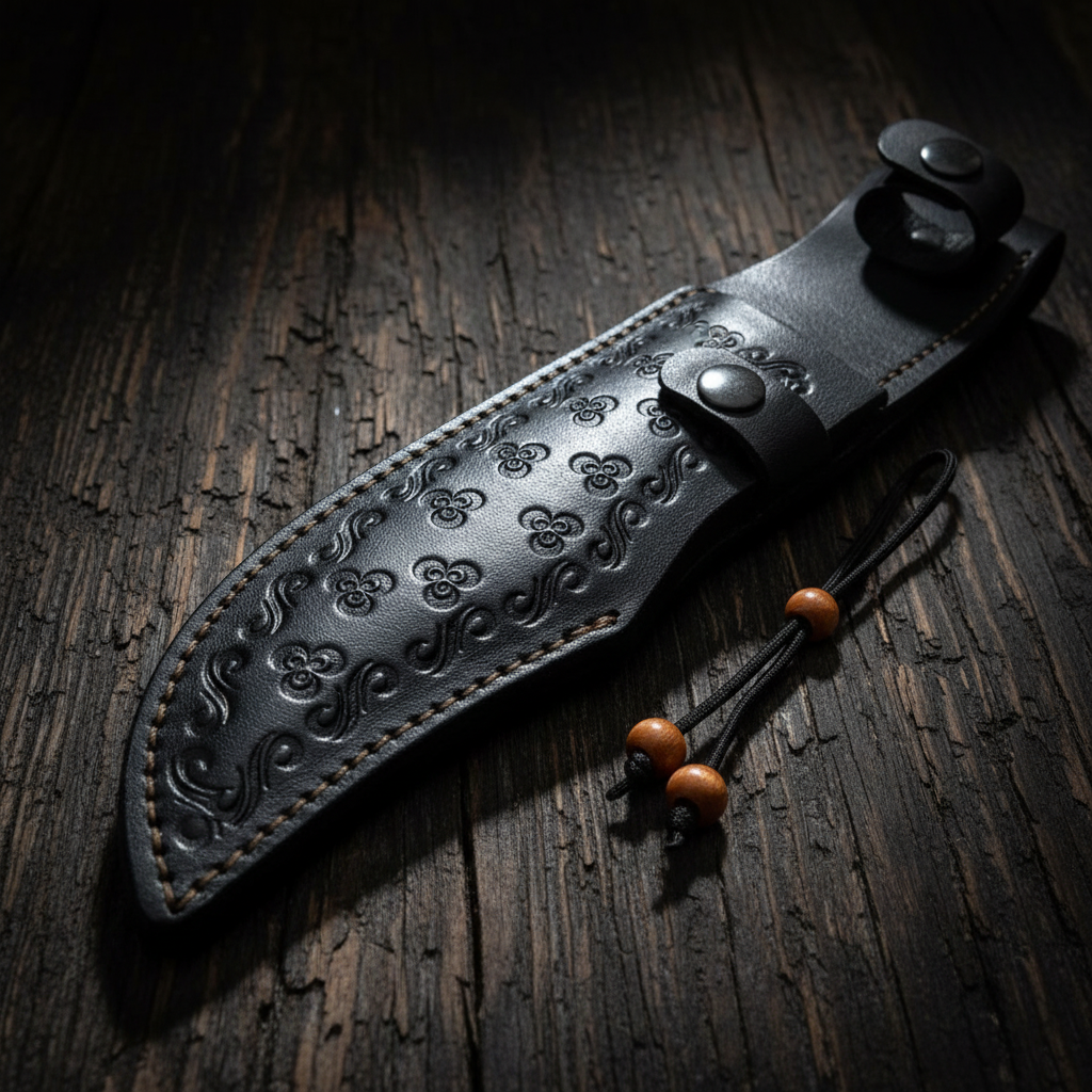 Black leather knife sheath with embossed floral scroll pattern and wooden bead cord detail macro shot
