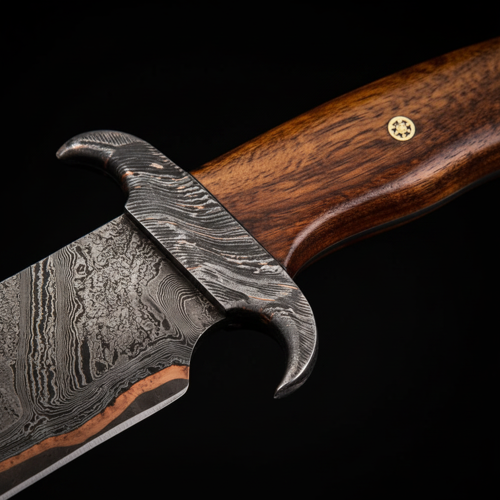 Close up macro shot of walnut wood handle and eagle claw copper Damascus guard on Bowie knife showing wood grain texture