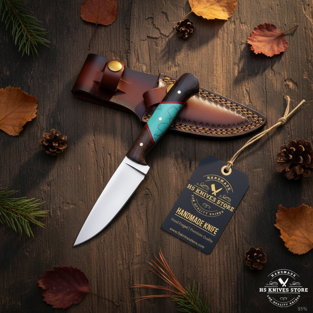 Carbon steel skinner knife flat lay with wood turquoise resin handle and HS Knives Store hang tag on rustic dark wood with autumn leaves