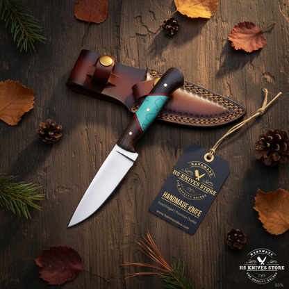Carbon steel skinner knife flat lay with wood turquoise resin handle and HS Knives Store hang tag on rustic dark wood with autumn leaves
