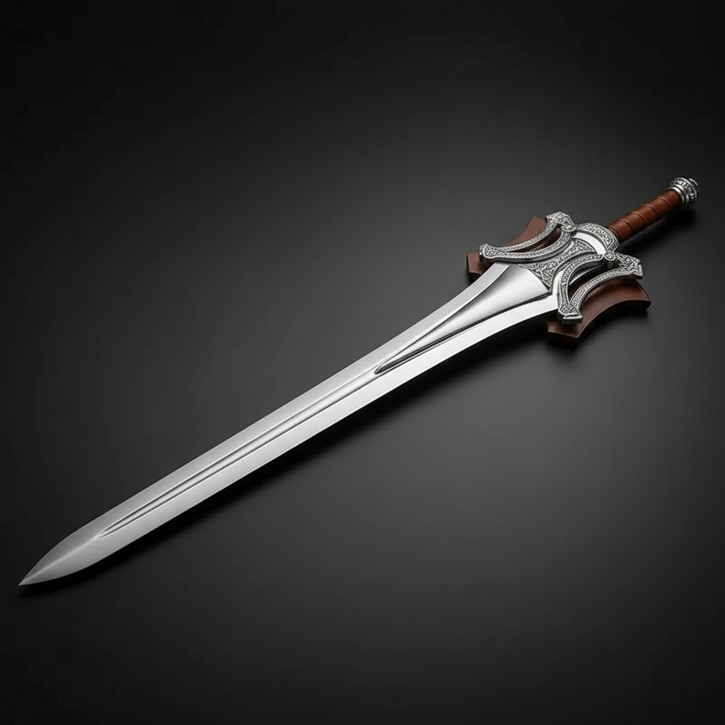 Fantasy medieval broad sword with ornate silver guard horizontal on dark charcoal studio background