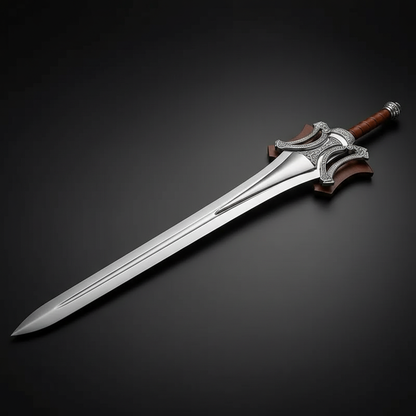 Fantasy medieval broad sword with ornate silver guard horizontal on dark charcoal studio background