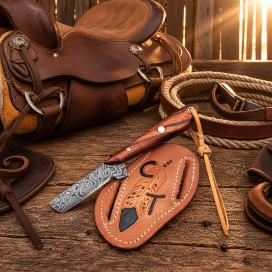 Right-side view of a rose wood handle Damascus Bull Cutter Knife beside western saddle gear
