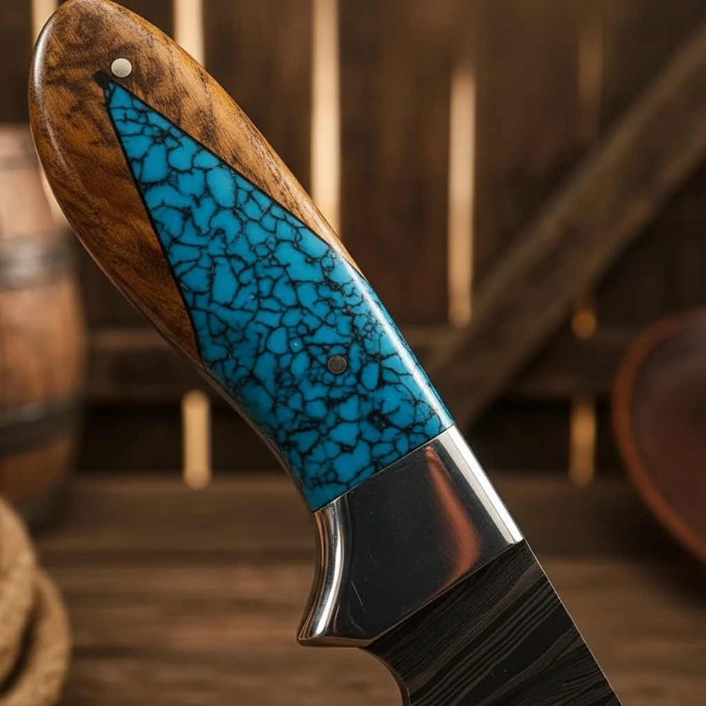 Turquoise blue resin handle close-up Damascus hunting knife steel bolster detail