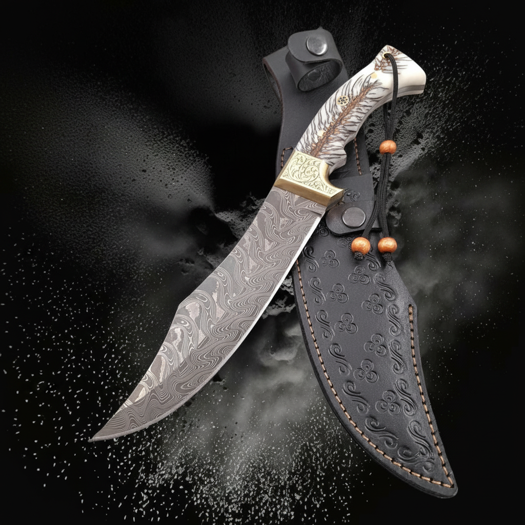 Handmade Damascus Bowie knife with engraved resin handle and brass bolster, dark charcoal studio background right facing