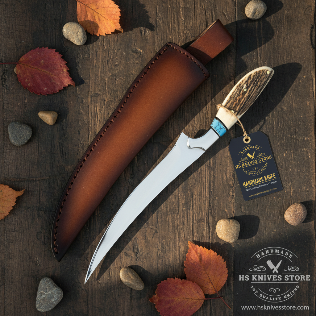 Spring steel fillet knife stag antler handle blue turquoise spacer flat lay dark rustic wood with HS Knives Store hang tag autumn leaves