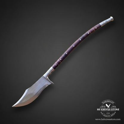 Opposite-angle single fantasy spear with broad high carbon steel head and rosewood shaft